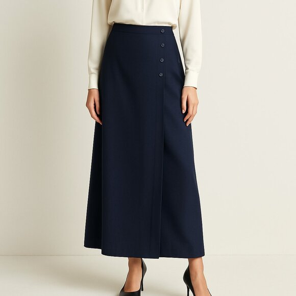 Lauren Ralph Lauren Navy Wool Maxi Wrap Skirt Lined USA 14 VTG Anchor Buttons - Picture 1 of 11